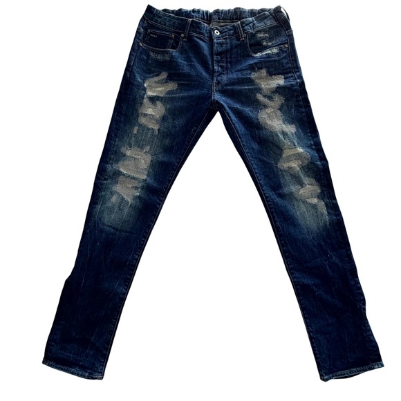 G Star Raw 3301 Slim Fit Men Jeans Dark Wash Distressed Size 36x34
